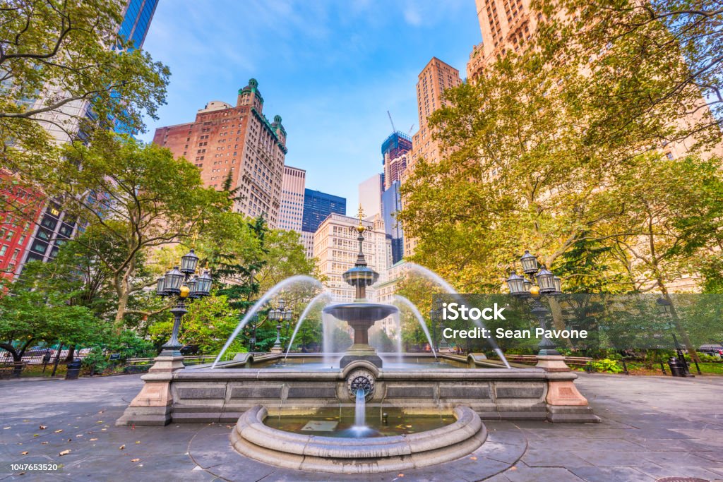 New York, New York, USA at City Hall Park Fountain.